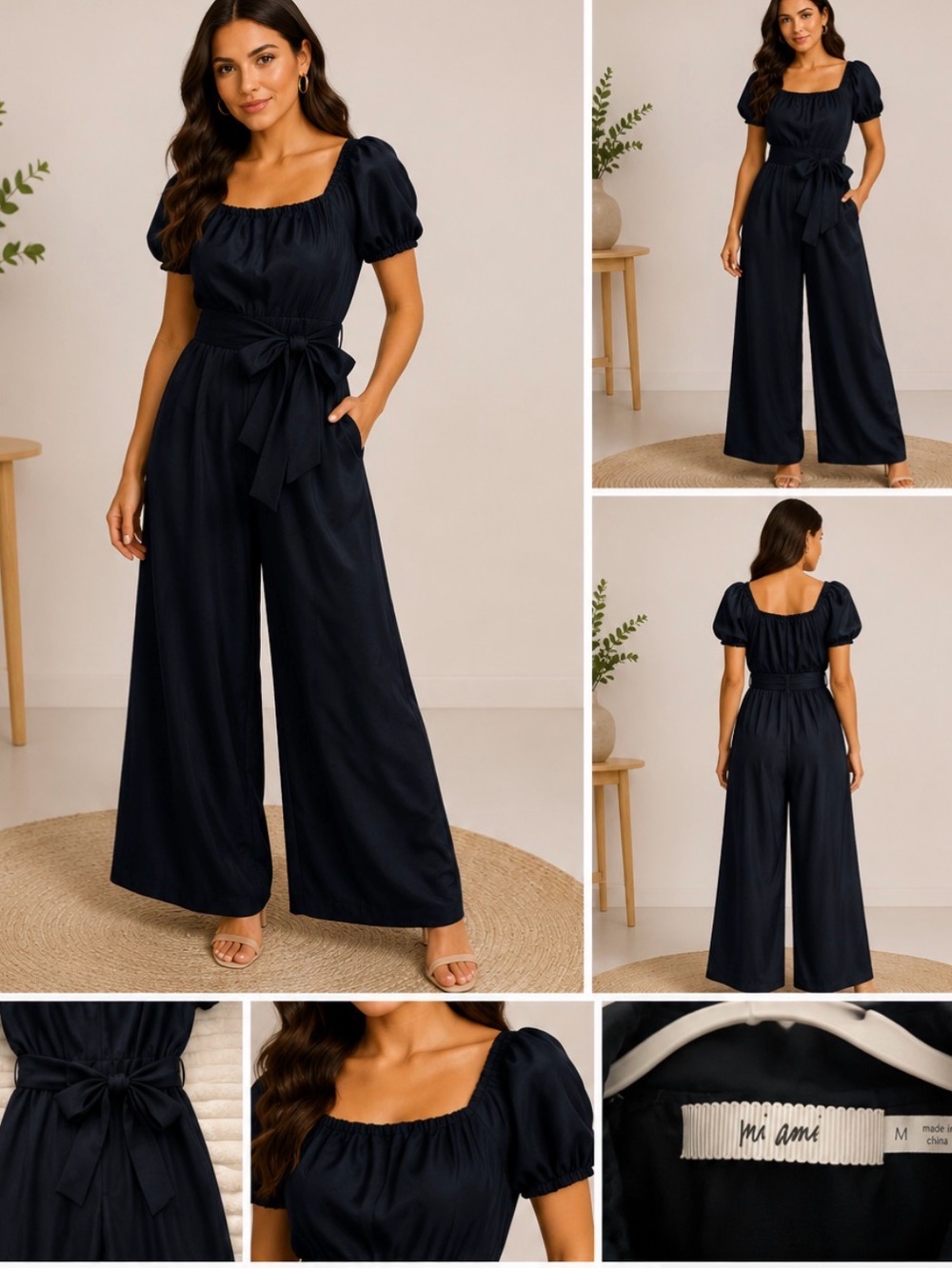 Mi Amei Navy Square-Neck Puff-Sleeve Wide-Leg Jumpsuit